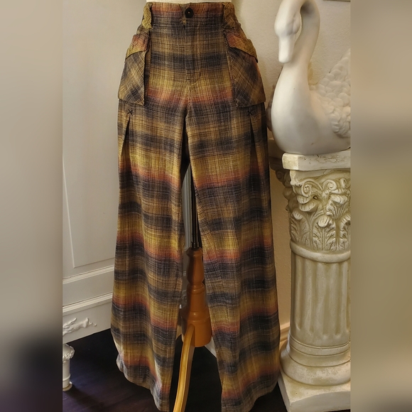 Free People "BIRCH" Wide Leg Plaid Pants in MOSS Combo 12 NWOT - Picture 4 of 10